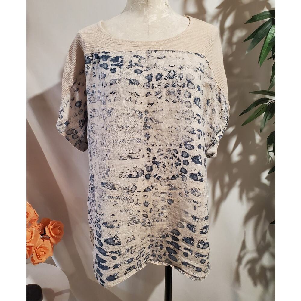 Lungo L'arno Animal Print Linen Top Plus Size 3X Short Sleeve Natural Italy Made